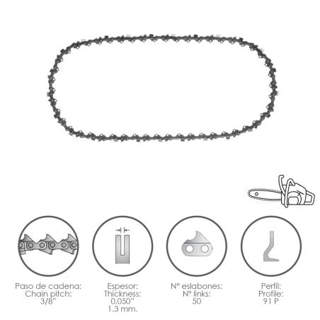 Cadena Motosierra 3/8" / 0.050" 1,3 mm. / 50 Eslabones / 91 P
